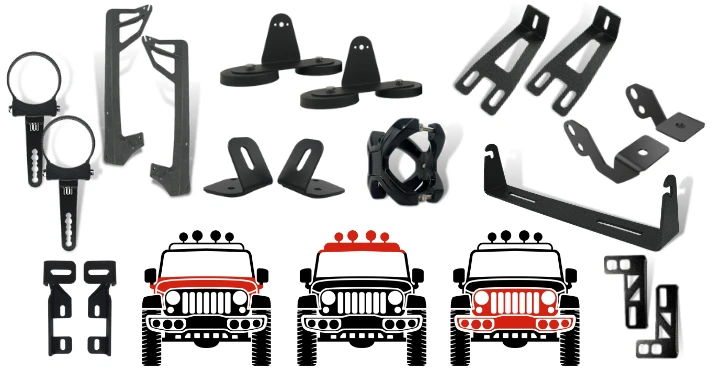 Extreme LED mounting brackets for bumper, hood, windshield, and roof